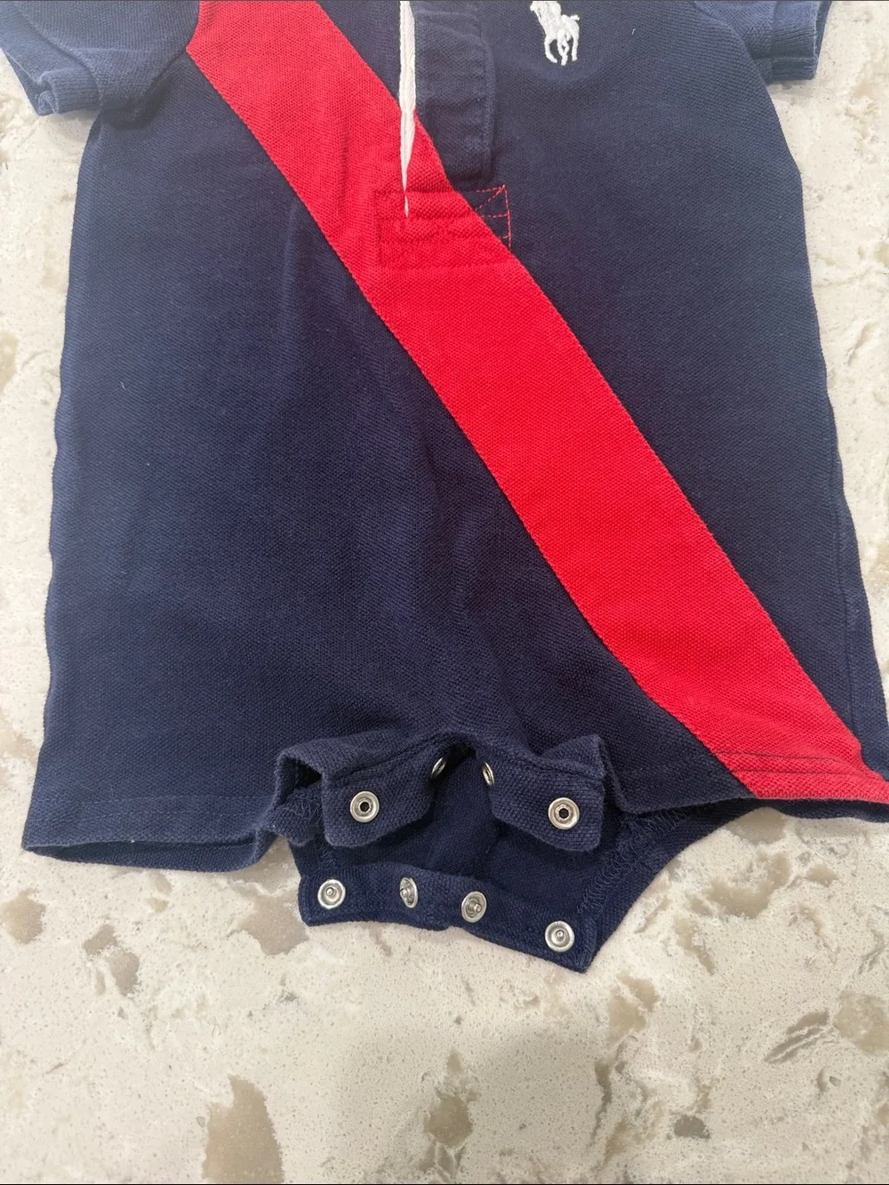 Ralph Lauren Polo Navy Romper with Red Diagonal Stripe